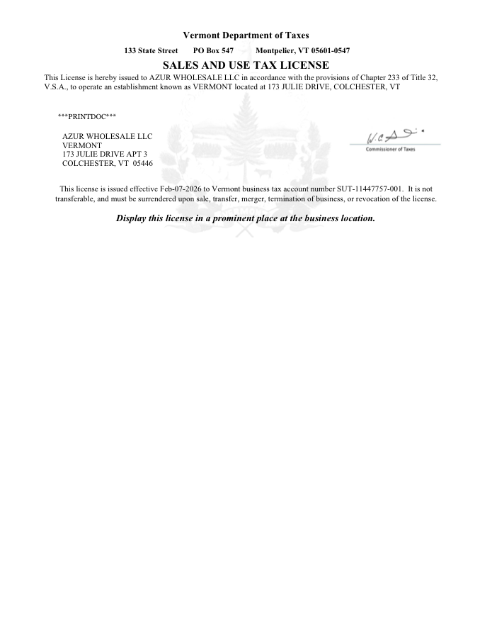 Preview of AZUR LLC Vermont sales tax license